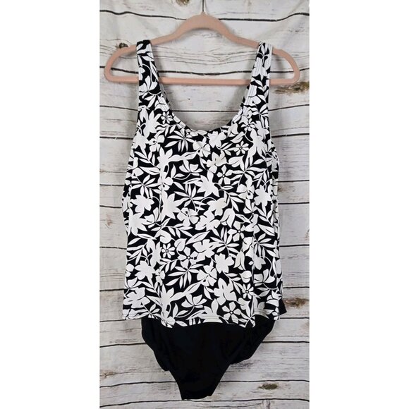 Lands End Black White Floral Tank Swimsuit 24W One Piece Womens Layered Flounce - Picture 2 of 7